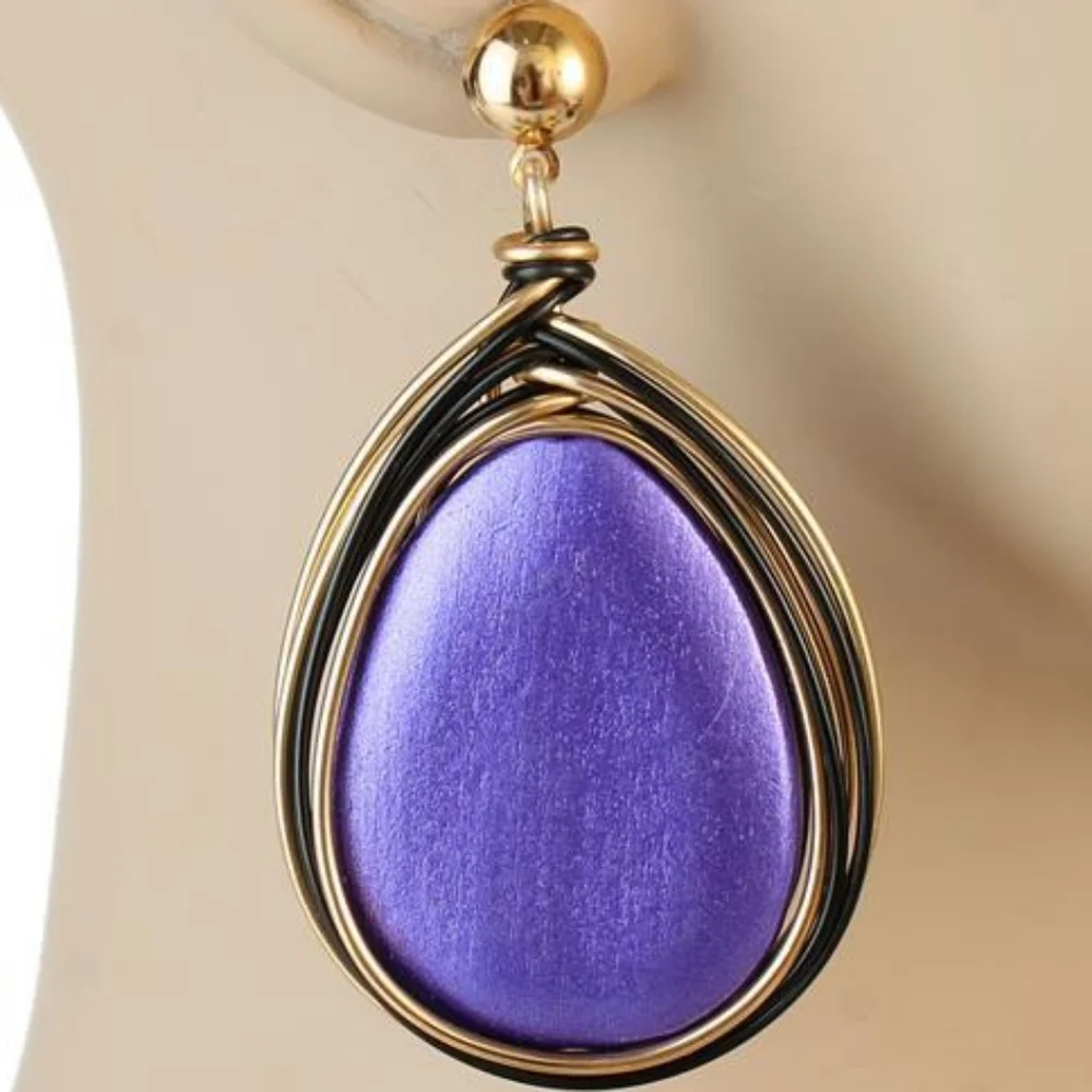 Purple Gold Oval Wire Drop Dangle Earrings 3